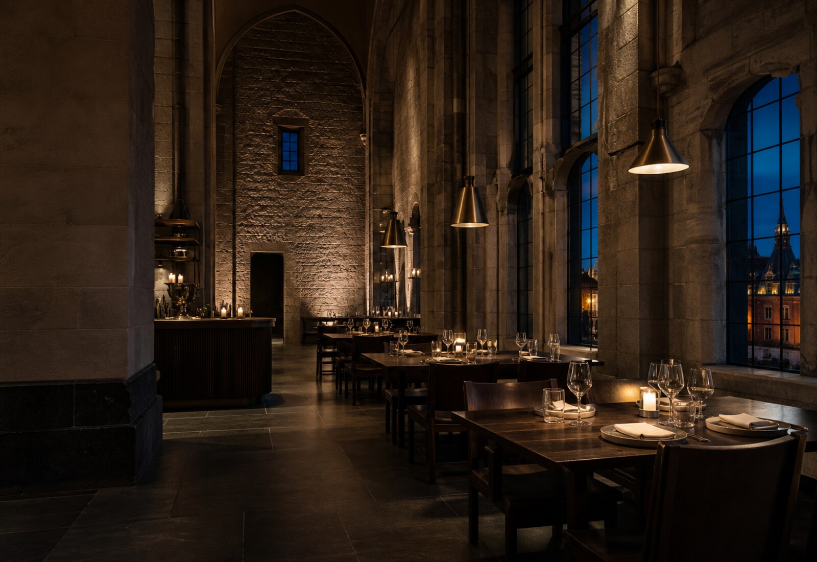 Steinvegger og varmt opplyste bord i Steinhallens restaurant